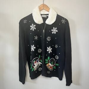 VTG B.P. Design Sweater Ugly Christmas Black Knit Sequins Beaded Fur Collar L